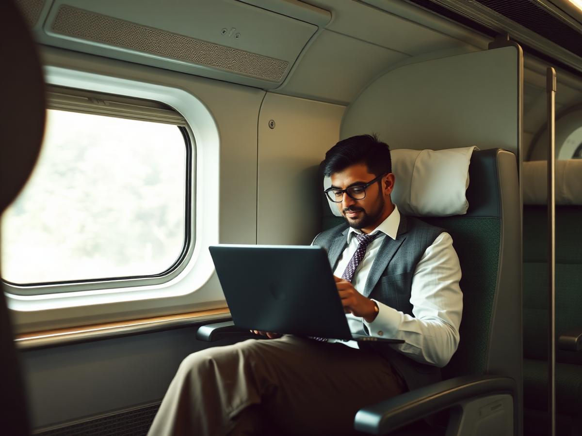 Business traveller working on a laptop inside a train coach