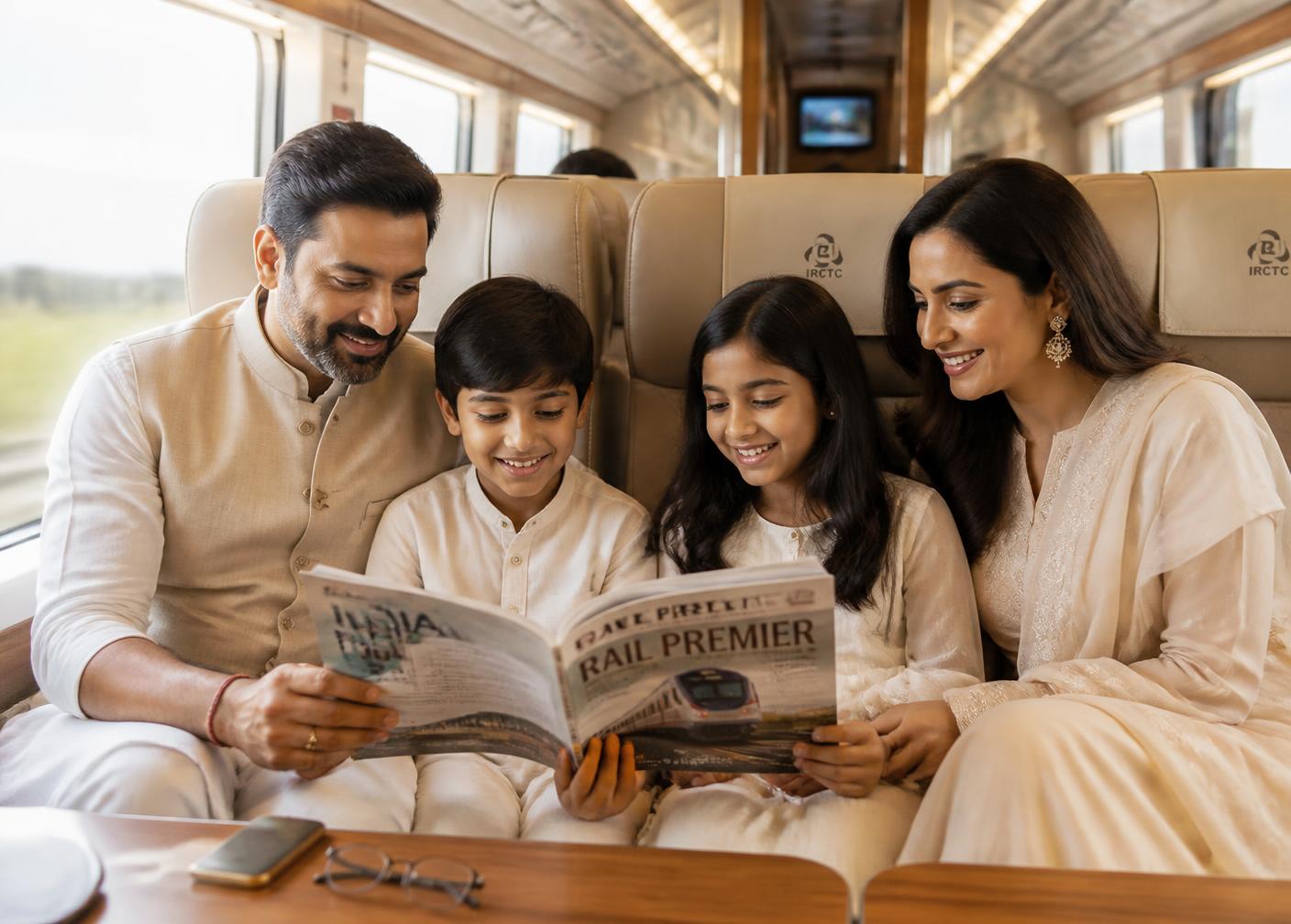 A family reading a magazine together inside a premium Vande Bharat Express coach