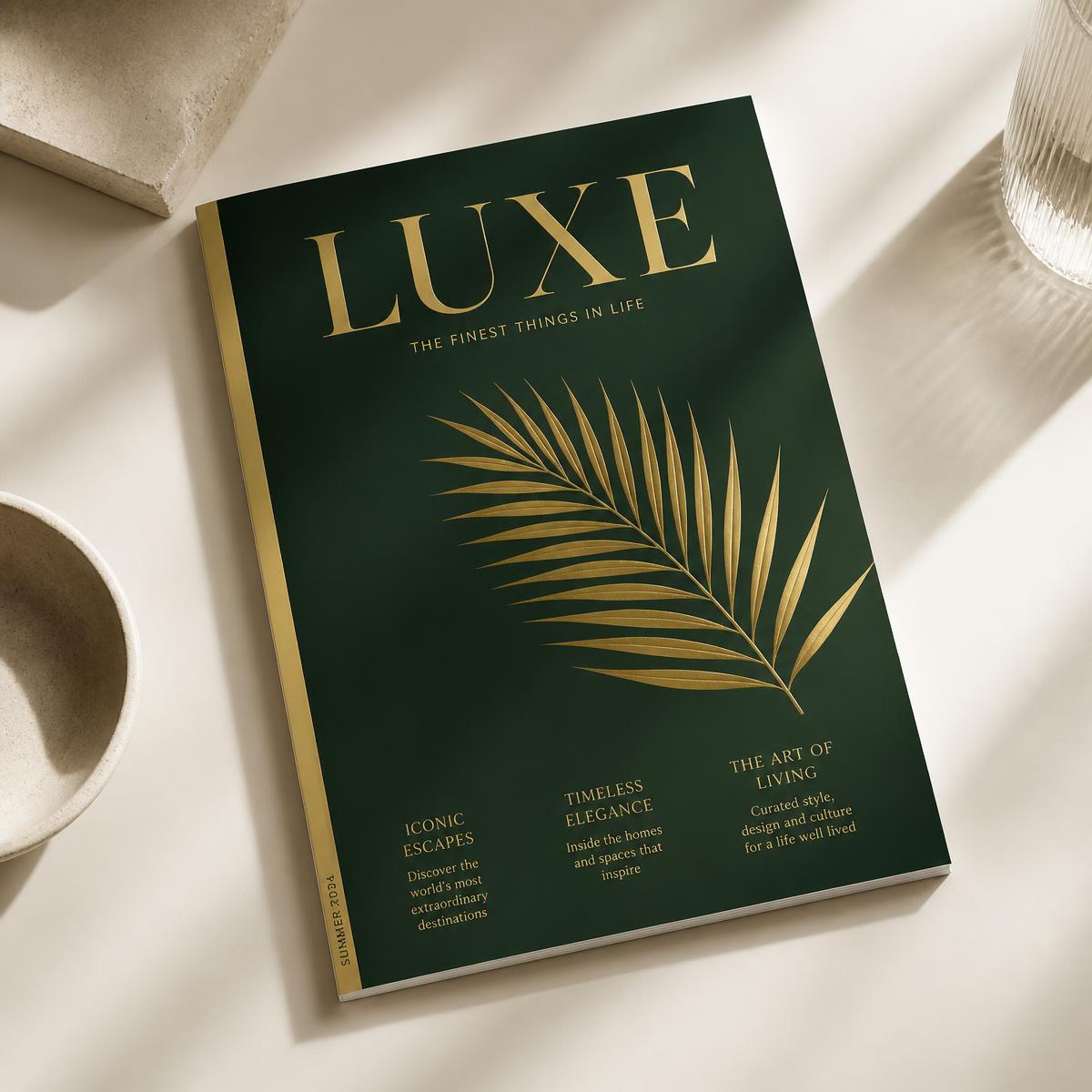 Premium magazine cover mockup in dark green and gold